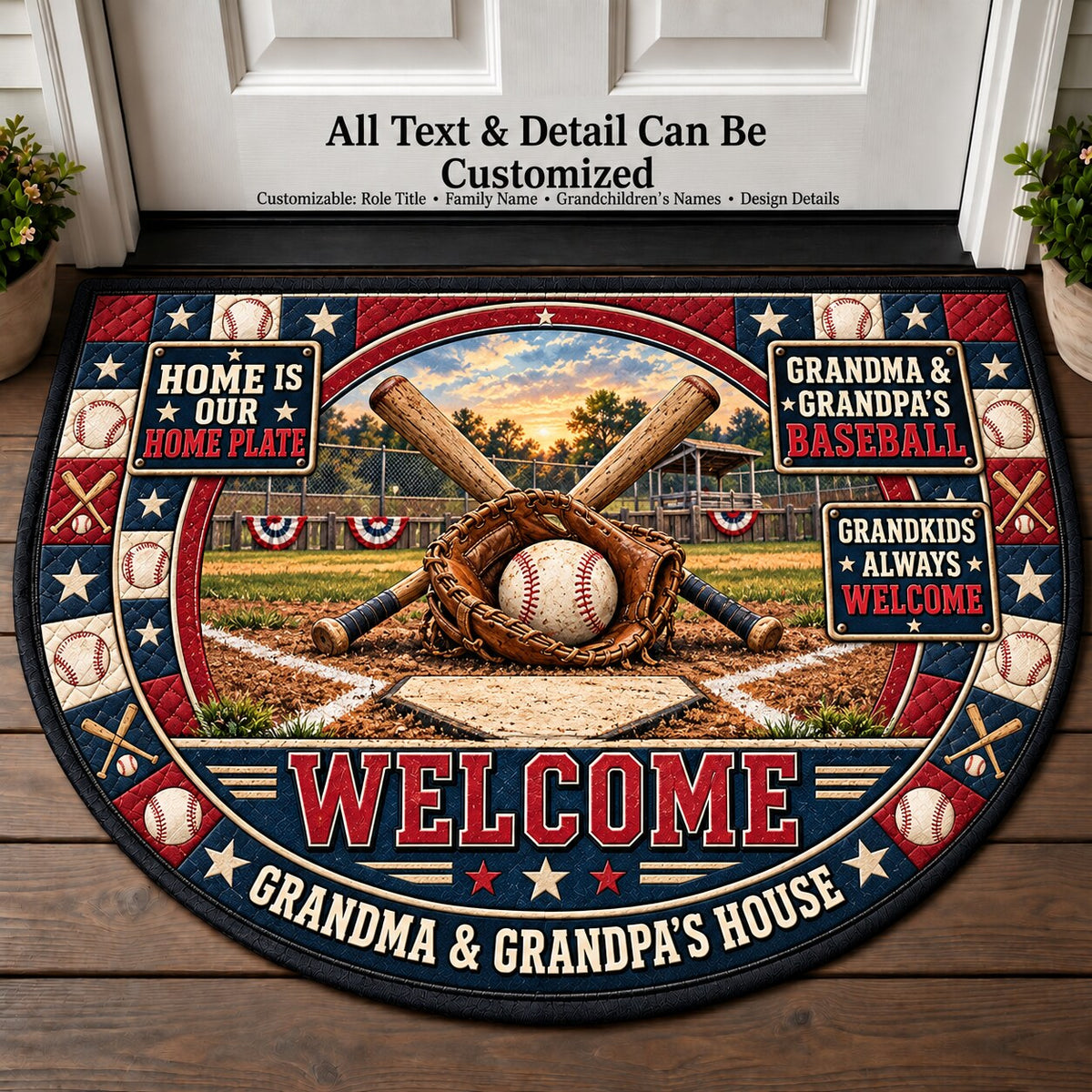 Grandma & Grandpa's Baseball Family Personalized Half Round Mat | 5To9Vibe