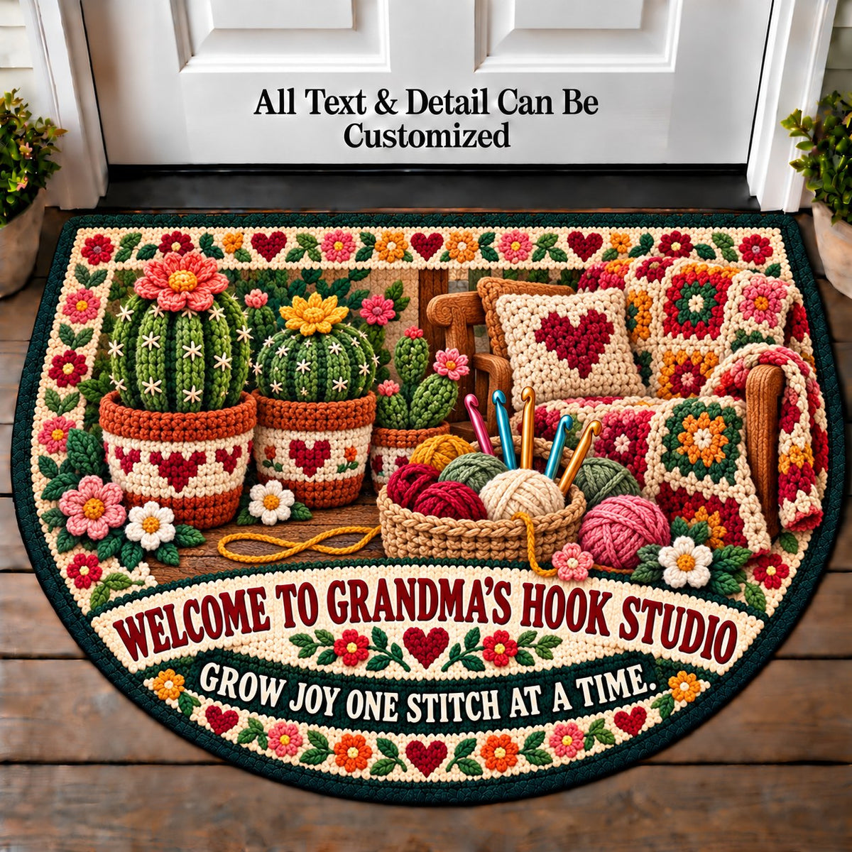 Crochet Cactus - Grandma's Hook Studio Personalized Half Round Mat | 5To9Vibe
