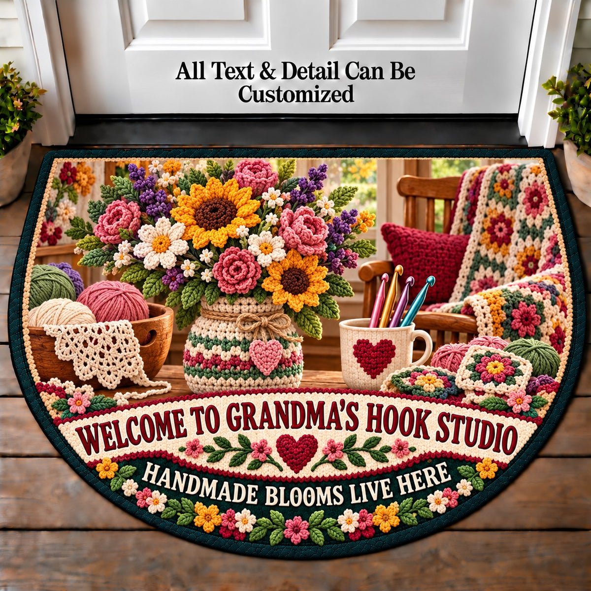 Crochet Flower Bouquet - Grandma's Hook Studio Personalized Half Round Mat | 5To9Vibe