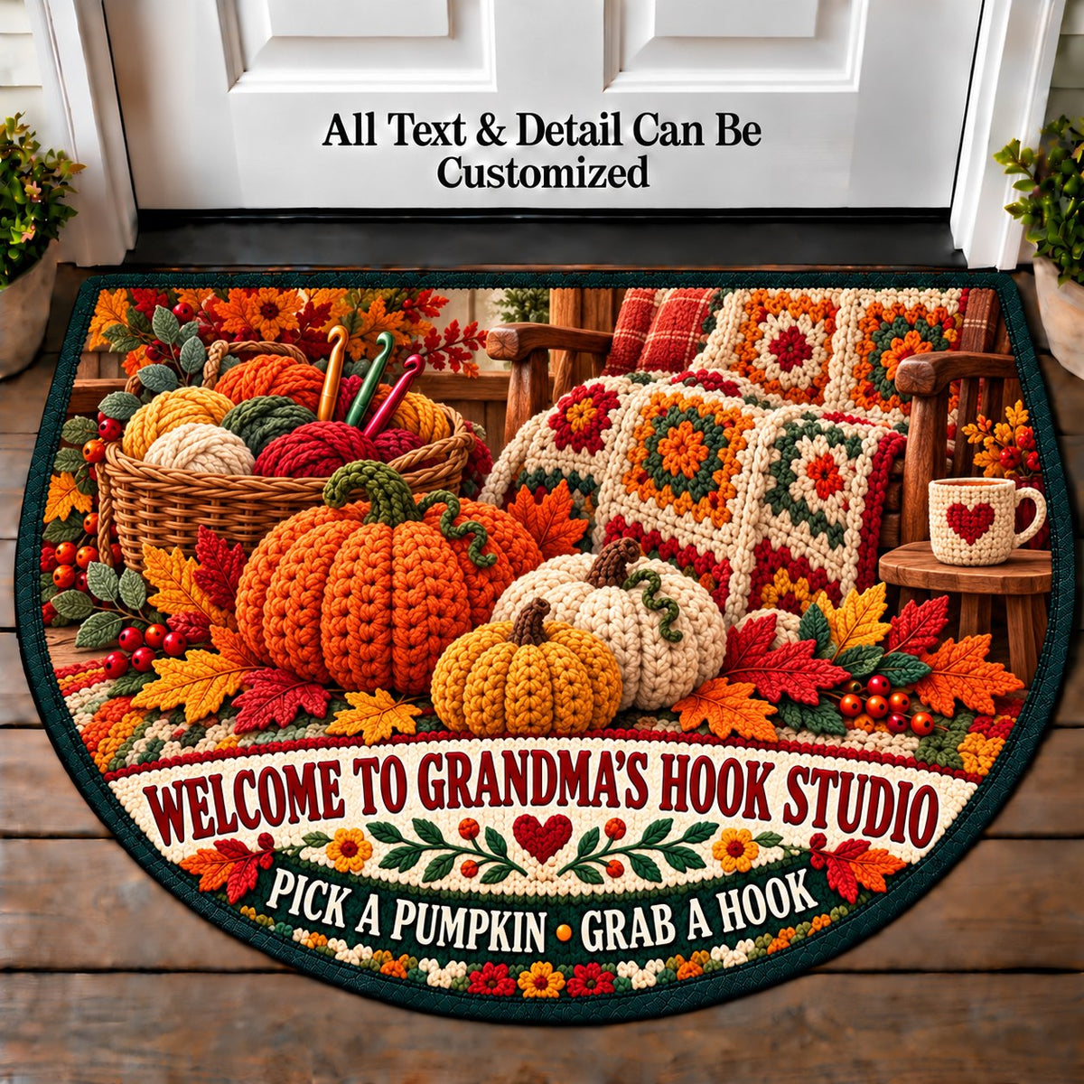Crochet Pumpkin - Grandma's Hook Studio Personalized Half Round Mat | 5To9Vibe