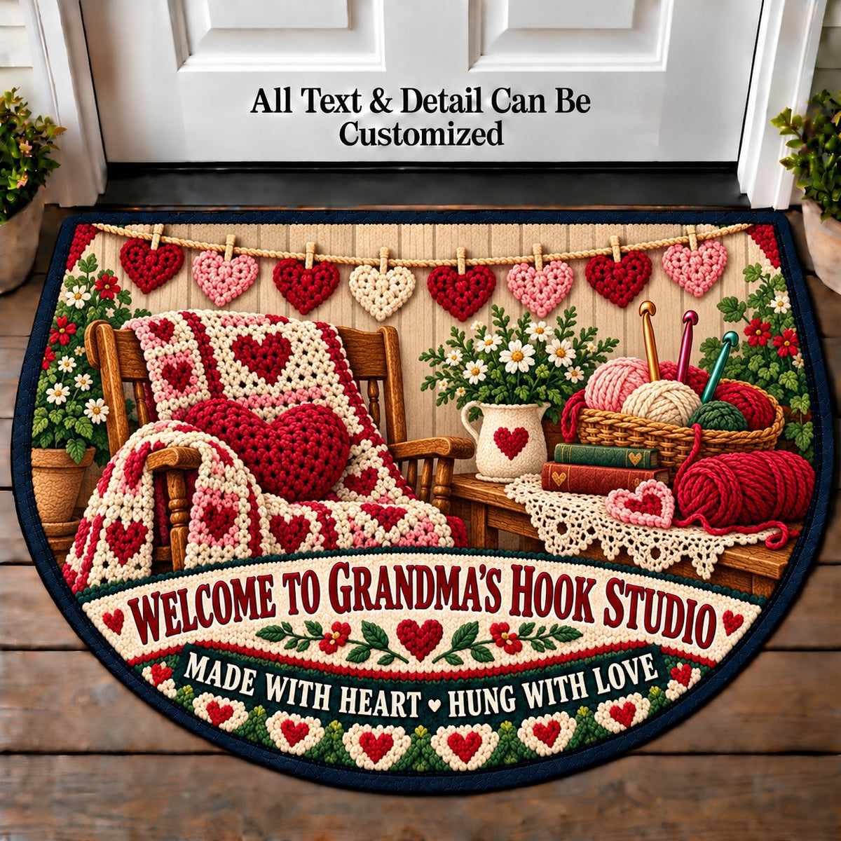 Heart Garland - Grandma's Hook Studio Personalized Half Round Mat | 5To9Vibe