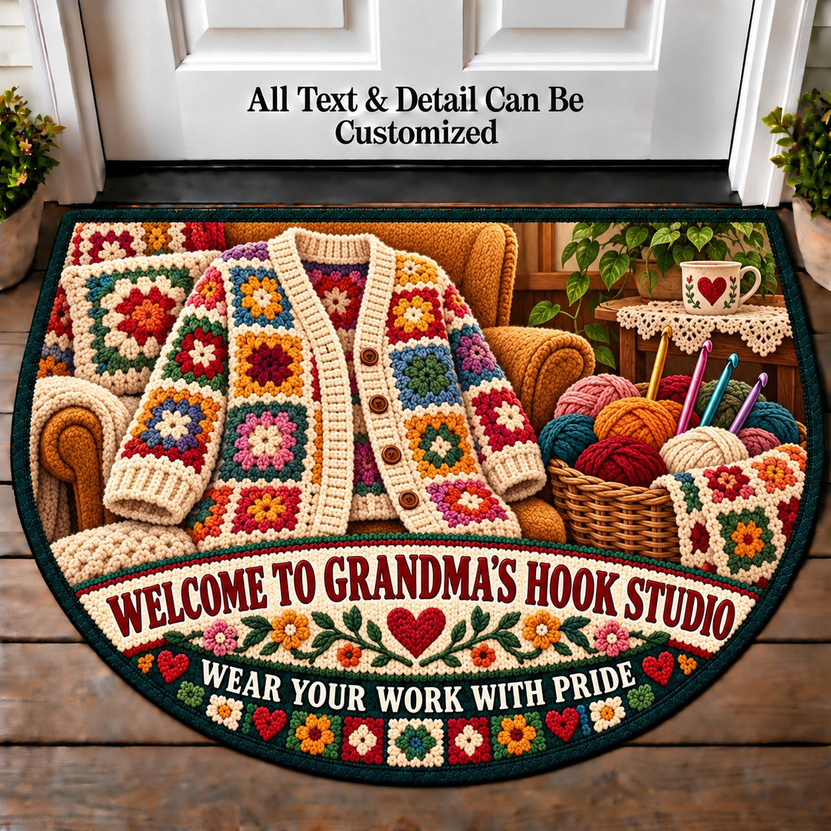 Patchwork Cardigan - Grandma's Hook Studio Personalized Half Round Mat | 5To9Vibe