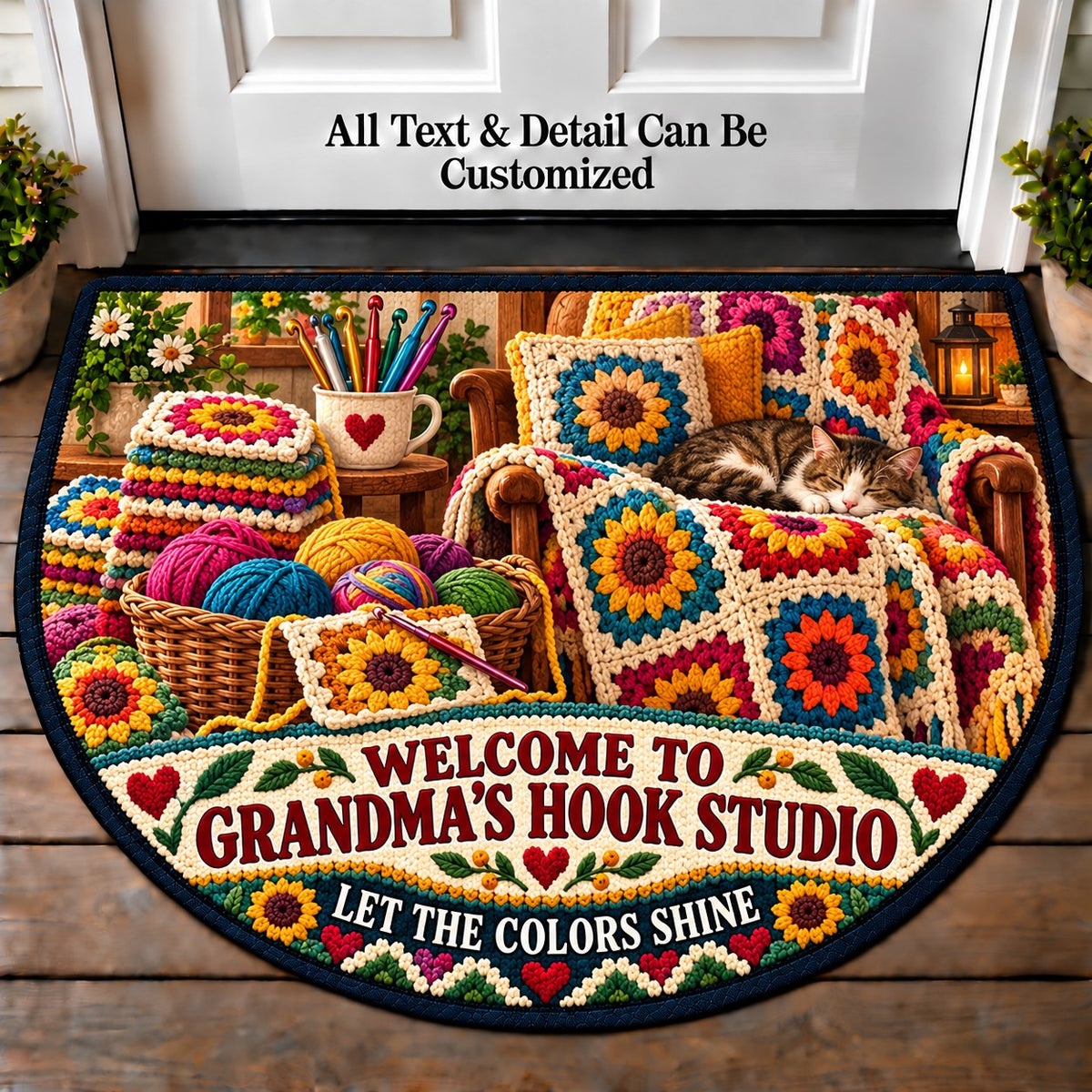 Sunburst Squares - Grandma's Hook Studio Personalized Half Round Mat | 5To9Vibe