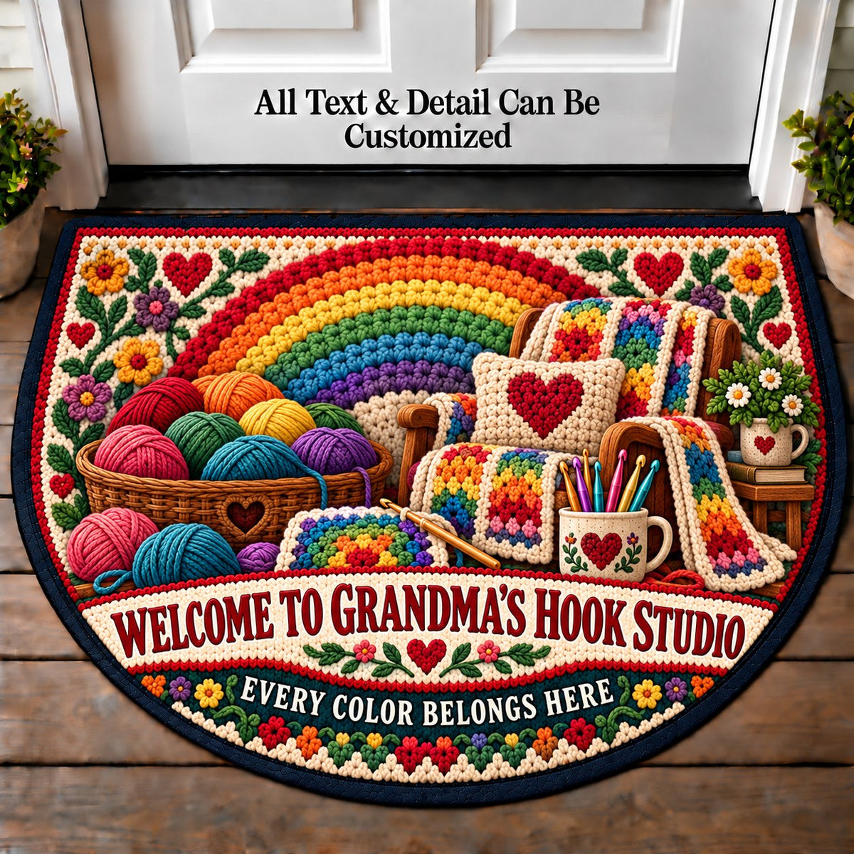 Yarn Rainbow - Grandma's Hook Studio Personalized Half Round Mat | 5To9Vibe