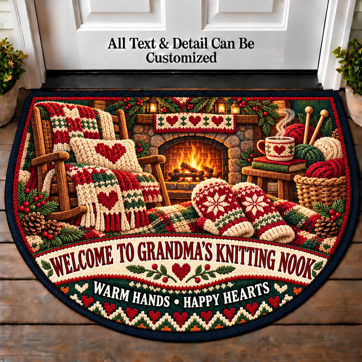 Mittens by the Fire - Grandma's Knitting Nook Personalized Half Round Mat | 5To9Vibe