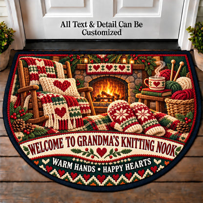 Mittens by the Fire - Grandma's Knitting Nook Personalized Half Round Mat | 5To9Vibe