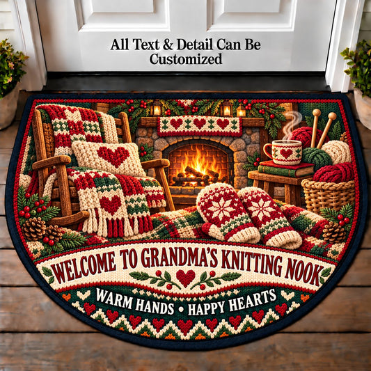 Mittens by the Fire - Grandma's Knitting Nook Personalized Half Round Mat | 5To9Vibe