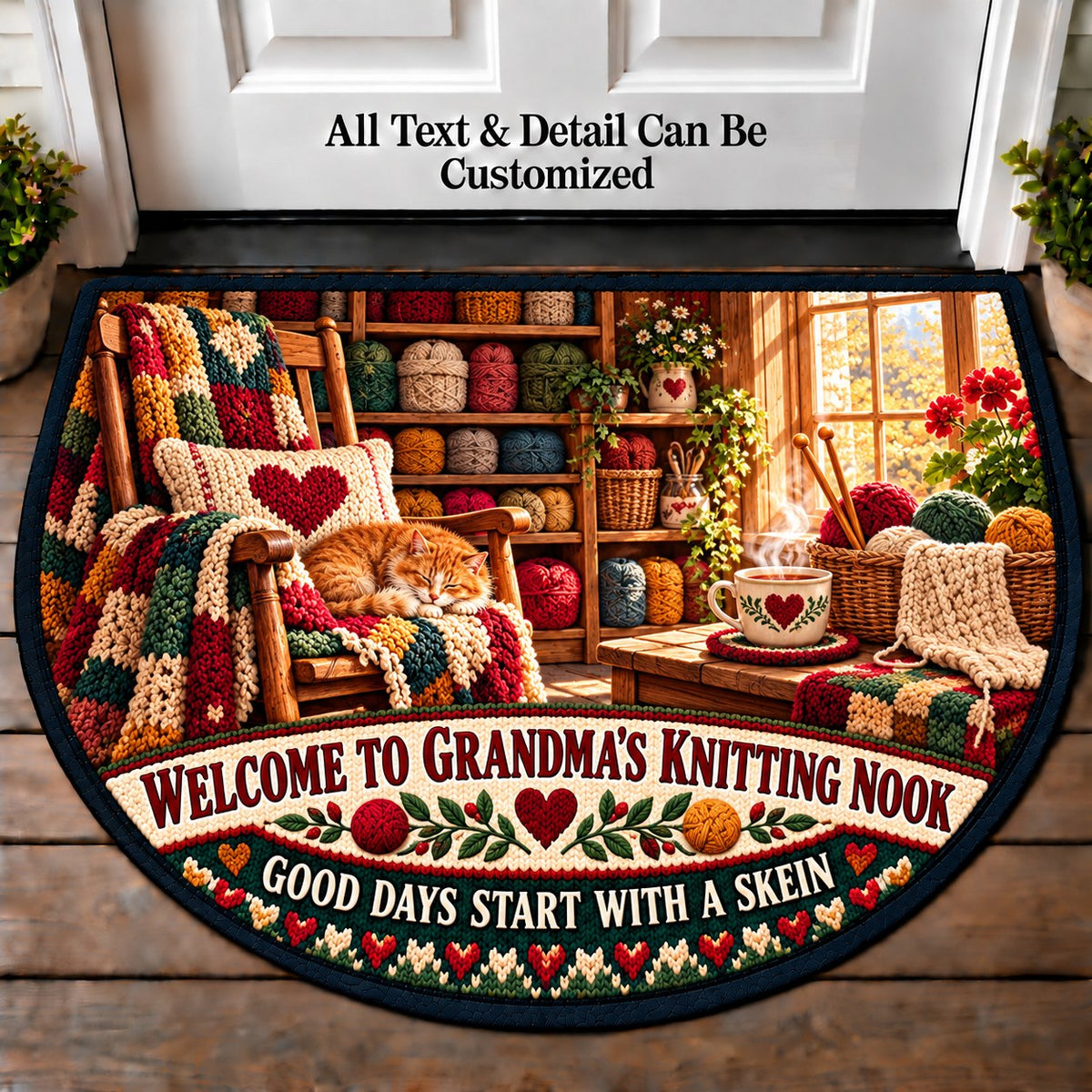 Yarn Shop Morning - Grandma's Knitting Nook Personalized Half Round Mat | 5To9Vibe