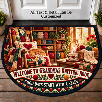 Yarn Shop Morning - Grandma's Knitting Nook Personalized Half Round Mat | 5To9Vibe