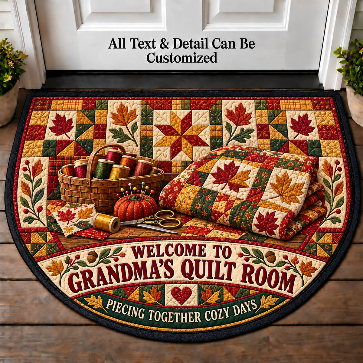 Autumn Patchwork - Grandma's Quilt Room Personalized Half Round Mat | 5To9Vibe