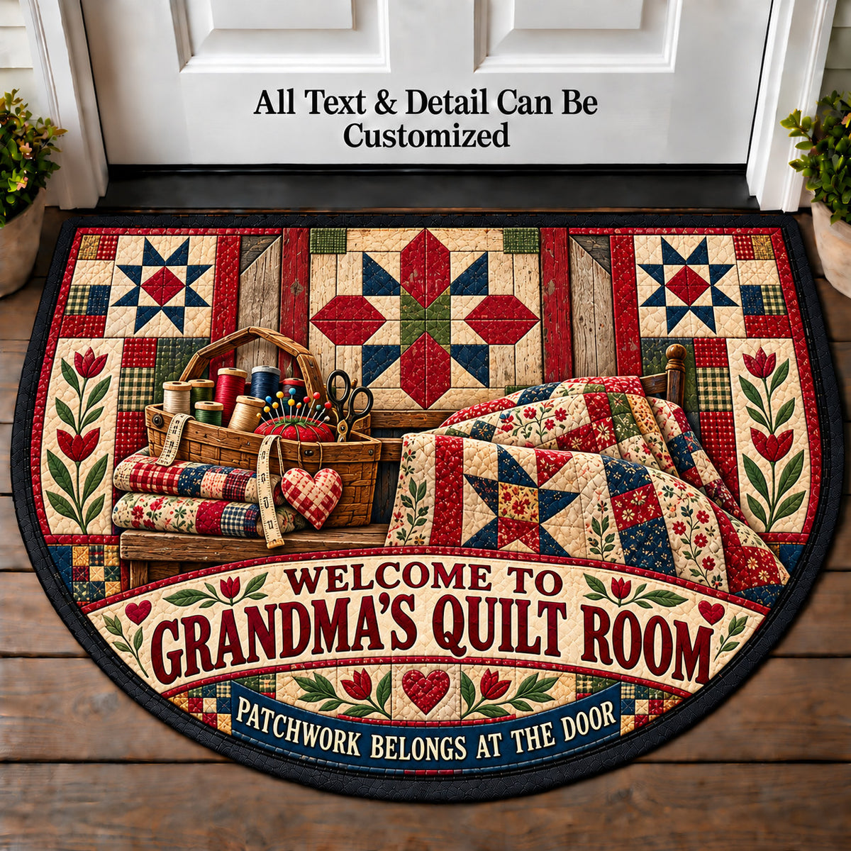 Barn Quilt Accent - Grandma's Quilt Room Personalized Half Round Mat | 5To9Vibe