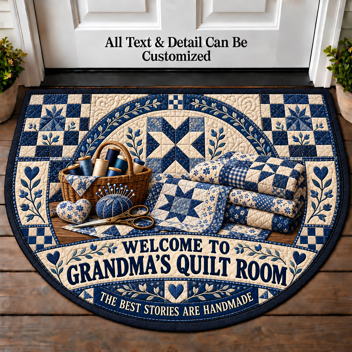 Blue and White Quilt - Grandma's Quilt Room Personalized Half Round Mat | 5To9Vibe