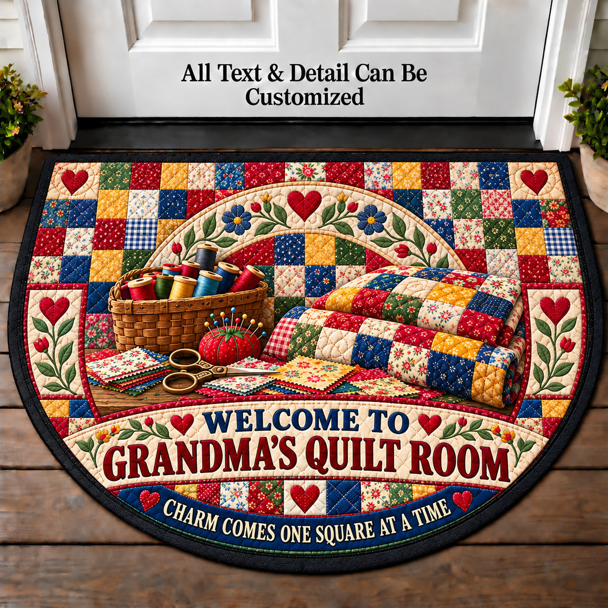 Charm Squares - Grandma's Quilt Room Personalized Half Round Mat | 5To9Vibe