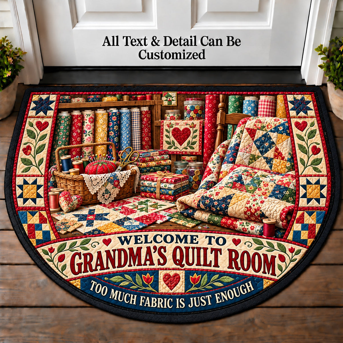 Fabric Shop Finds - Grandma's Quilt Room Personalized Half Round Mat | 5To9Vibe