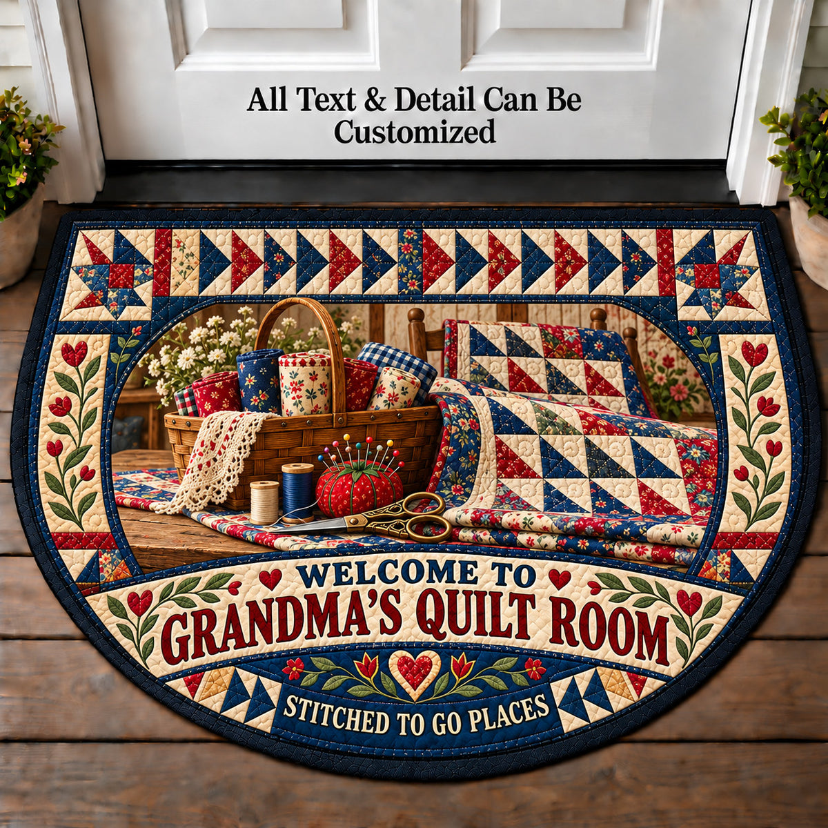Flying Geese Pattern - Grandma's Quilt Room Personalized Half Round Mat | 5To9Vibe