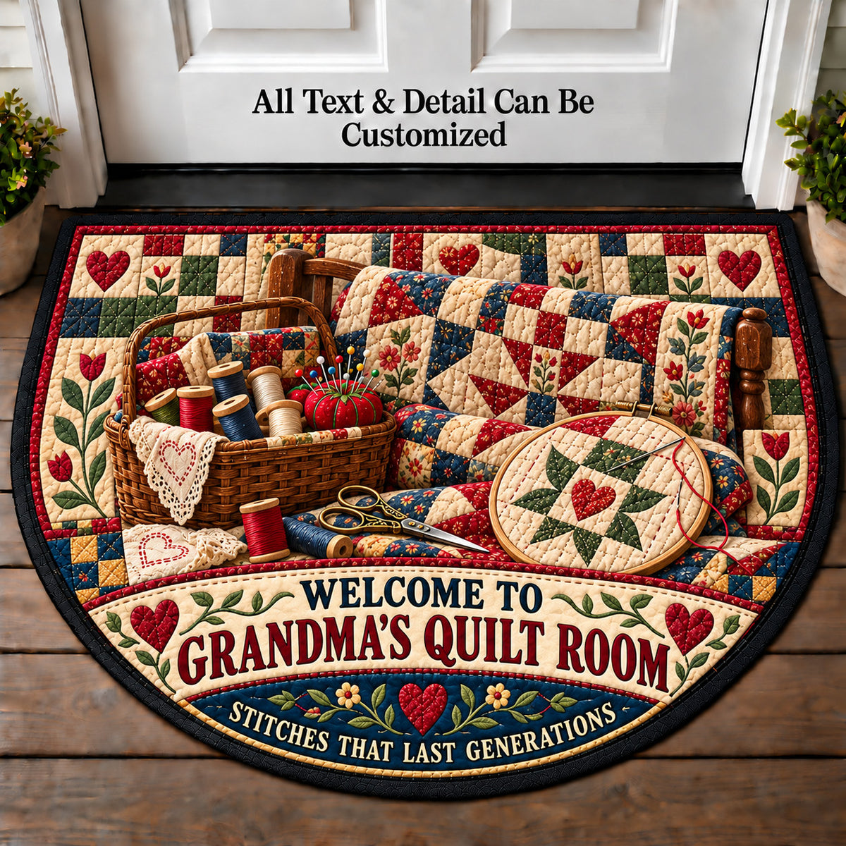 Hand Stitched Heirloom - Grandma's Quilt Room Personalized Half Round Mat | 5To9Vibe