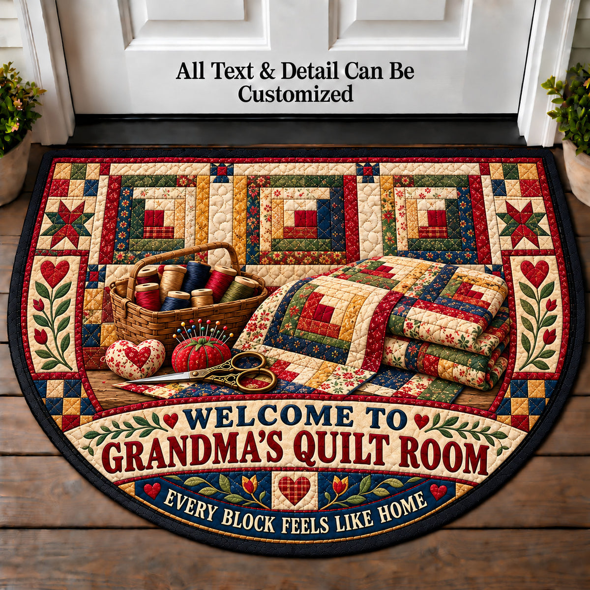 Log Cabin Quilt - Grandma's Quilt Room Personalized Half Round Mat | 5To9Vibe