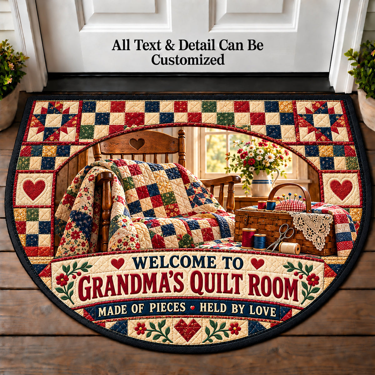 Nine Patch Heritage - Grandma's Quilt Room Personalized Half Round Mat | 5To9Vibe