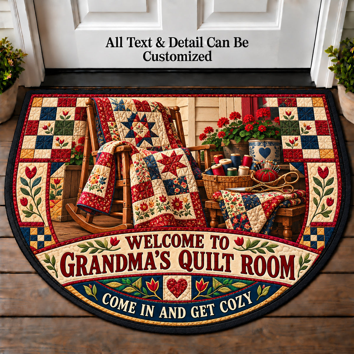 Patchwork Porch - Grandma's Quilt Room Personalized Half Round Mat | 5To9Vibe