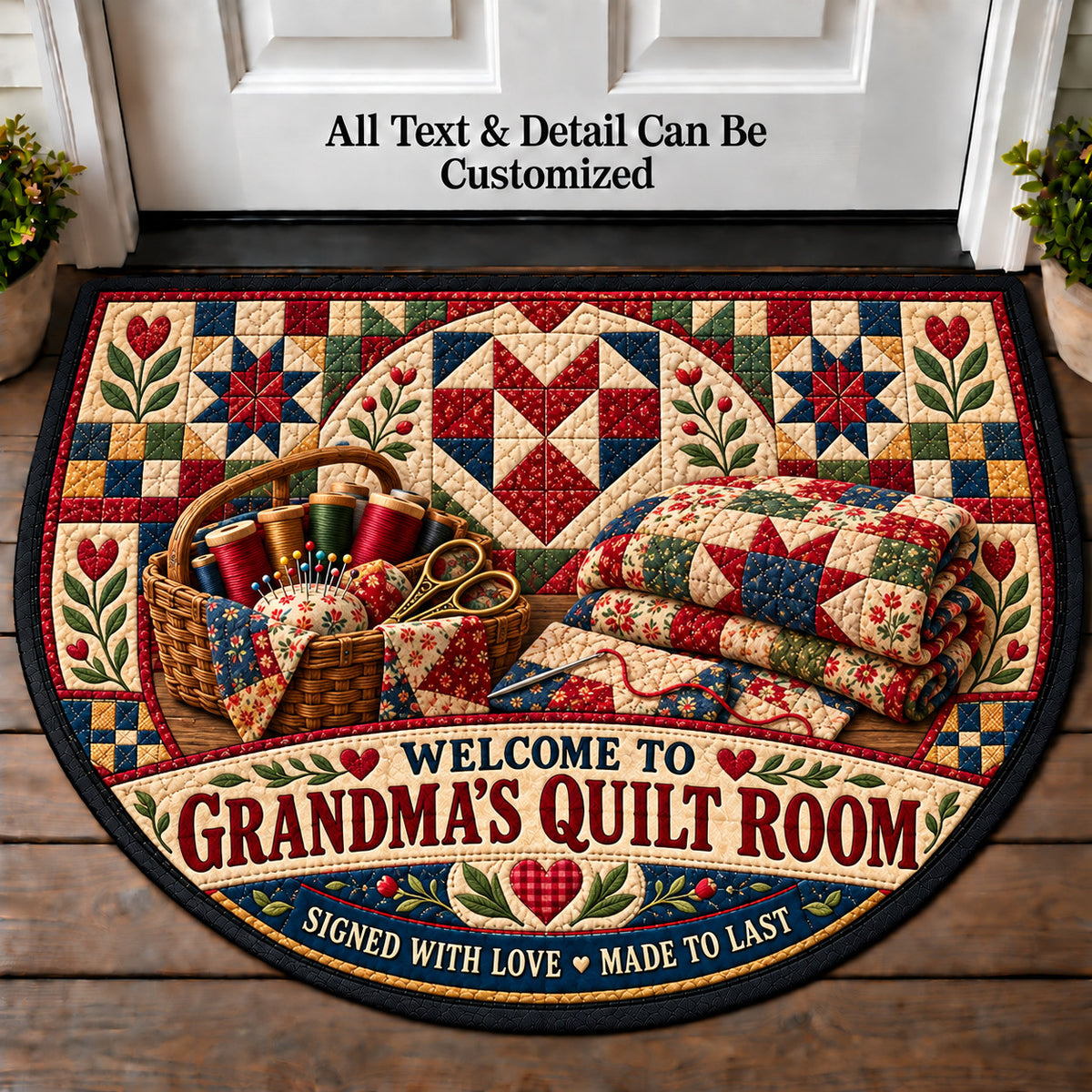 Quilt Label Memories - Grandma's Quilt Room Personalized Half Round Mat | 5To9Vibe