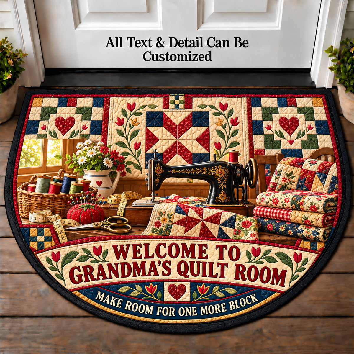 Sewing Machine Morning - Grandma's Quilt Room Personalized Half Round Mat | 5To9Vibe