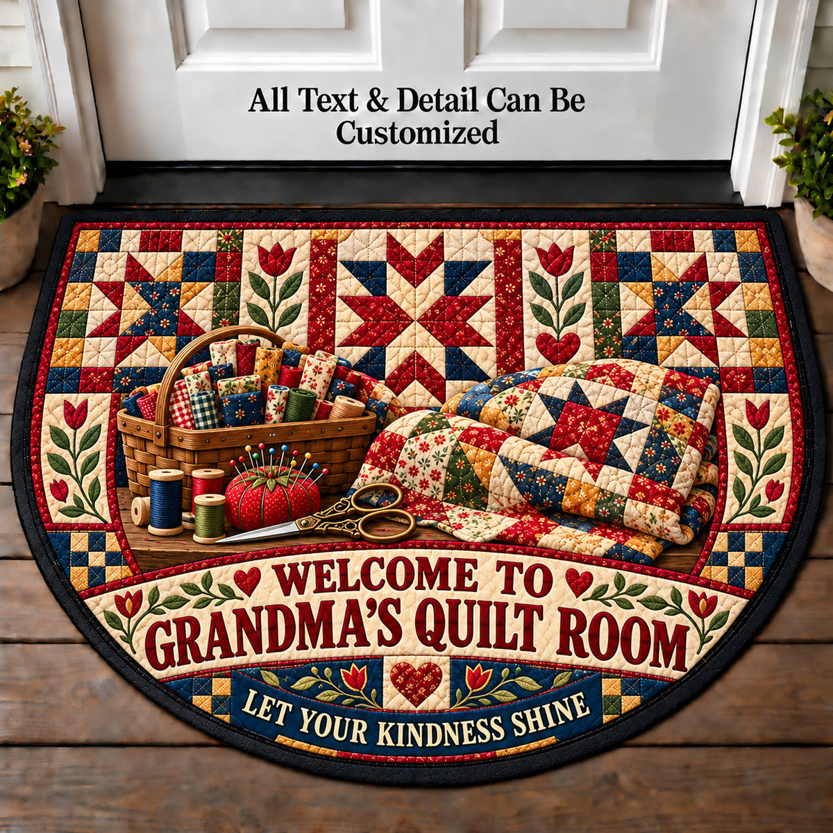 Star Quilt Block - Grandma's Quilt Room Personalized Half Round Mat | 5To9Vibe