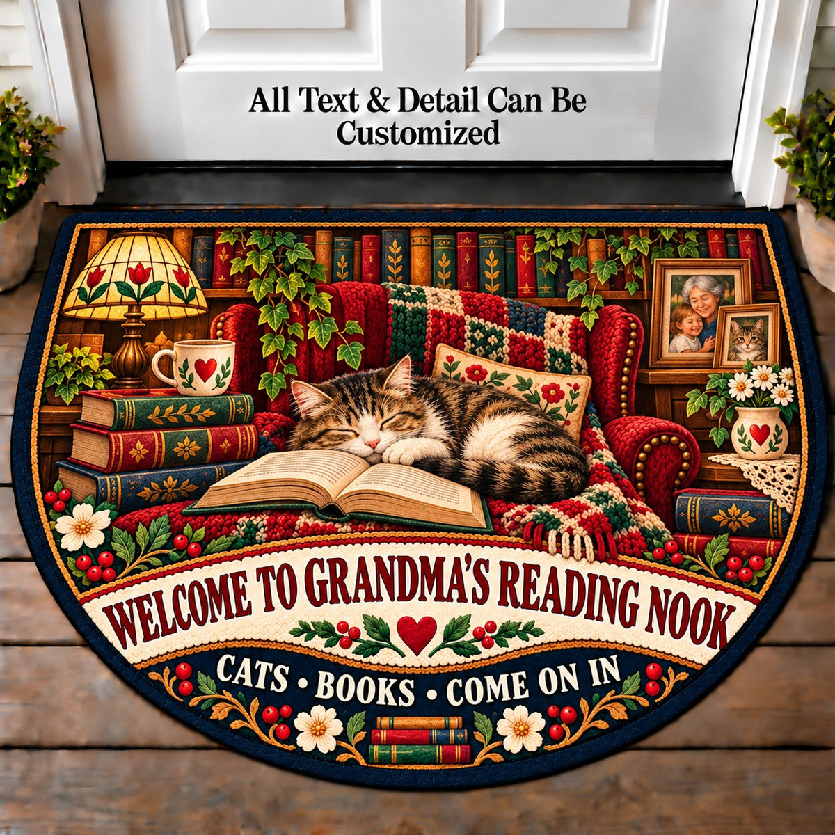 Books and Cats - Grandma's Reading Nook Personalized Half Round Mat | 5To9Vibe