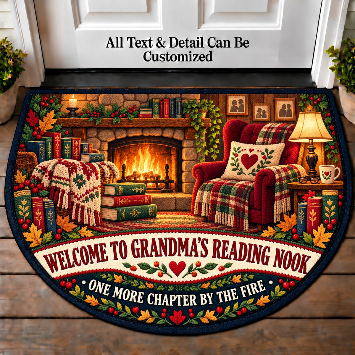 Cozy Fireplace - Grandma's Reading Nook Personalized Half Round Mat | 5To9Vibe