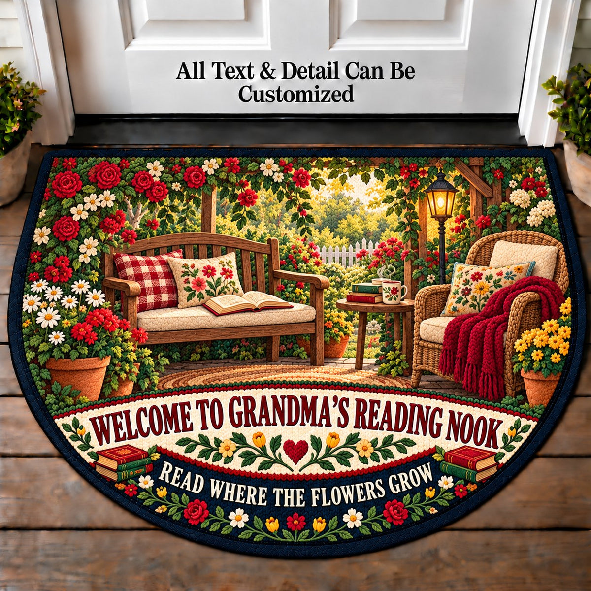 Garden Reading Nook - Grandma's Reading Nook Personalized Half Round Mat | 5To9Vibe