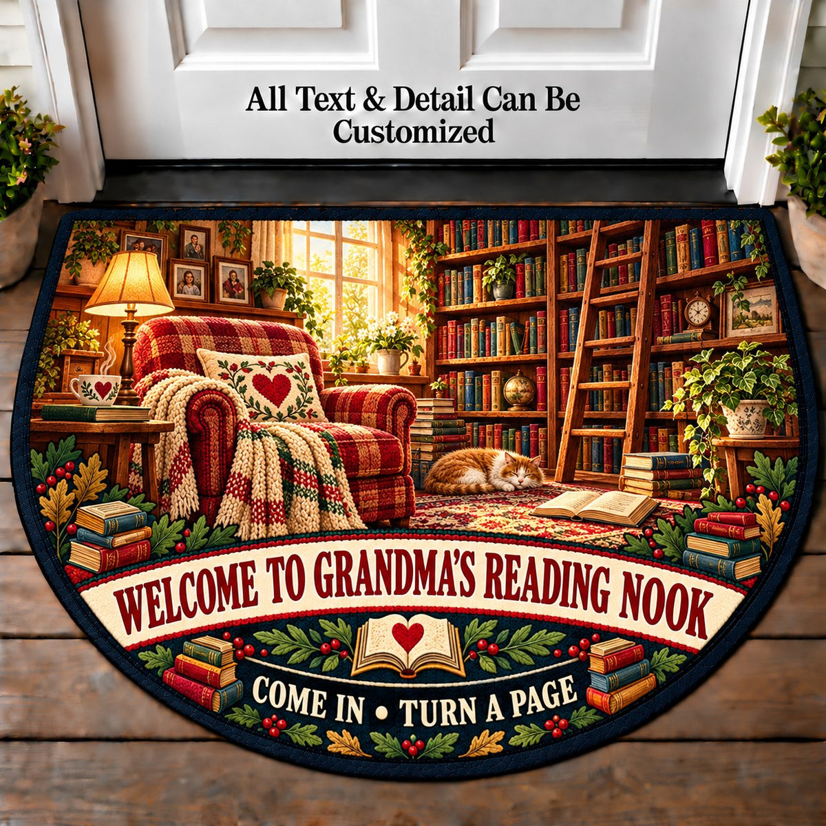 Sunlit Library - Grandma's Reading Nook Personalized Half Round Mat | 5To9Vibe