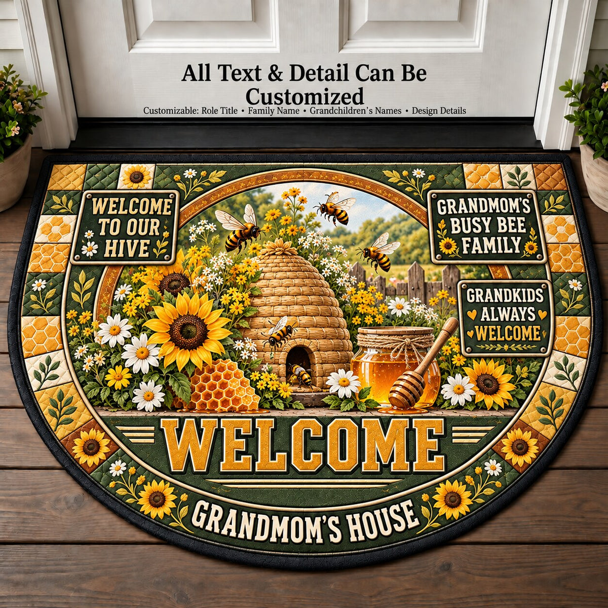 Grandmom's Busy Bee Family Personalized Half Round Mat | 5To9Vibe