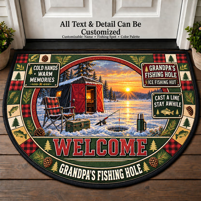 Ice Fishing Hut - Grandpa's Fishing Hole Personalized Half Round Mat | 5To9Vibe