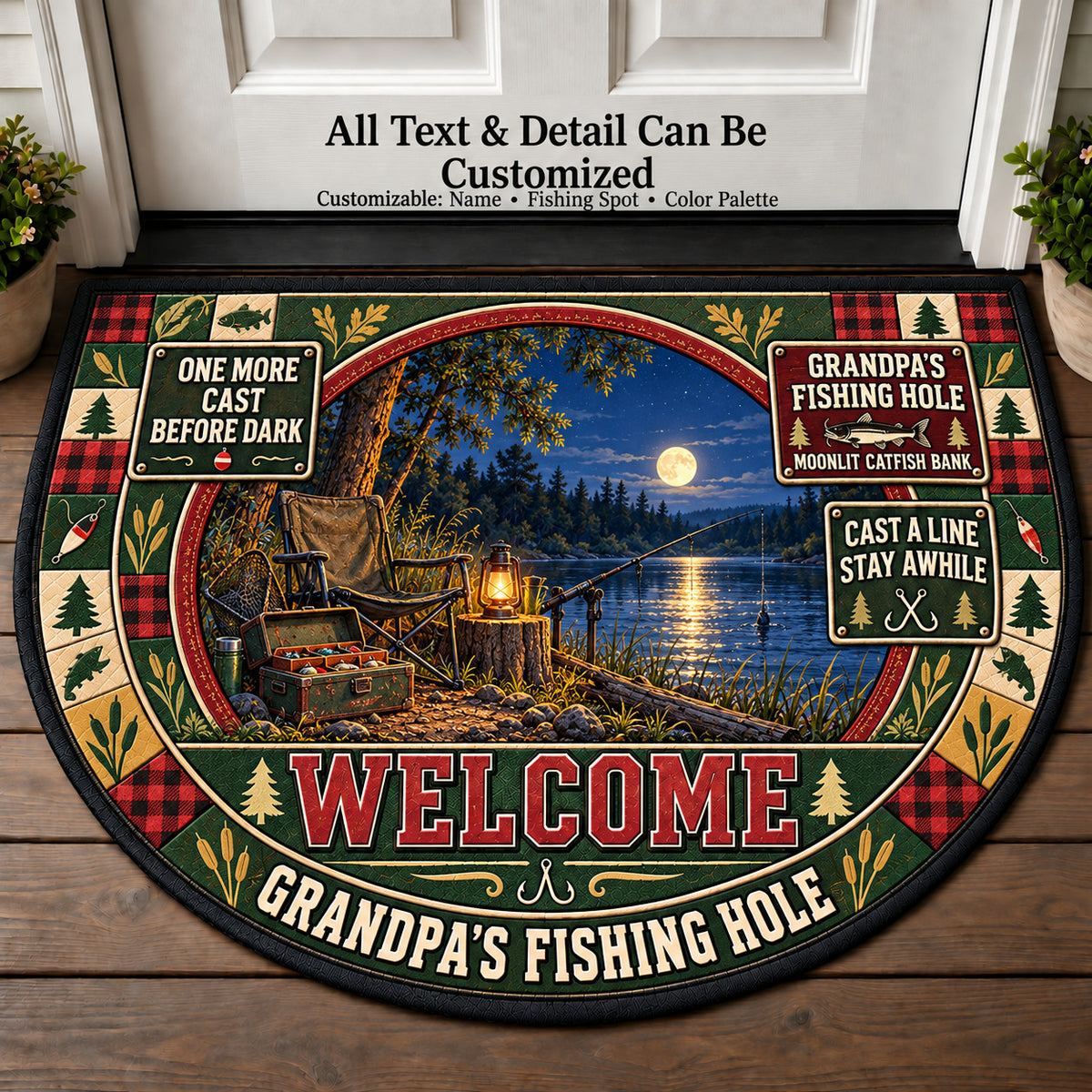 Moonlit Catfish Bank - Grandpa's Fishing Hole Personalized Half Round Mat | 5To9Vibe