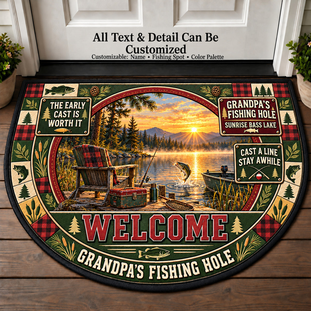 Sunrise Bass Lake - Grandpa's Fishing Hole Personalized Half Round Mat | 5To9Vibe