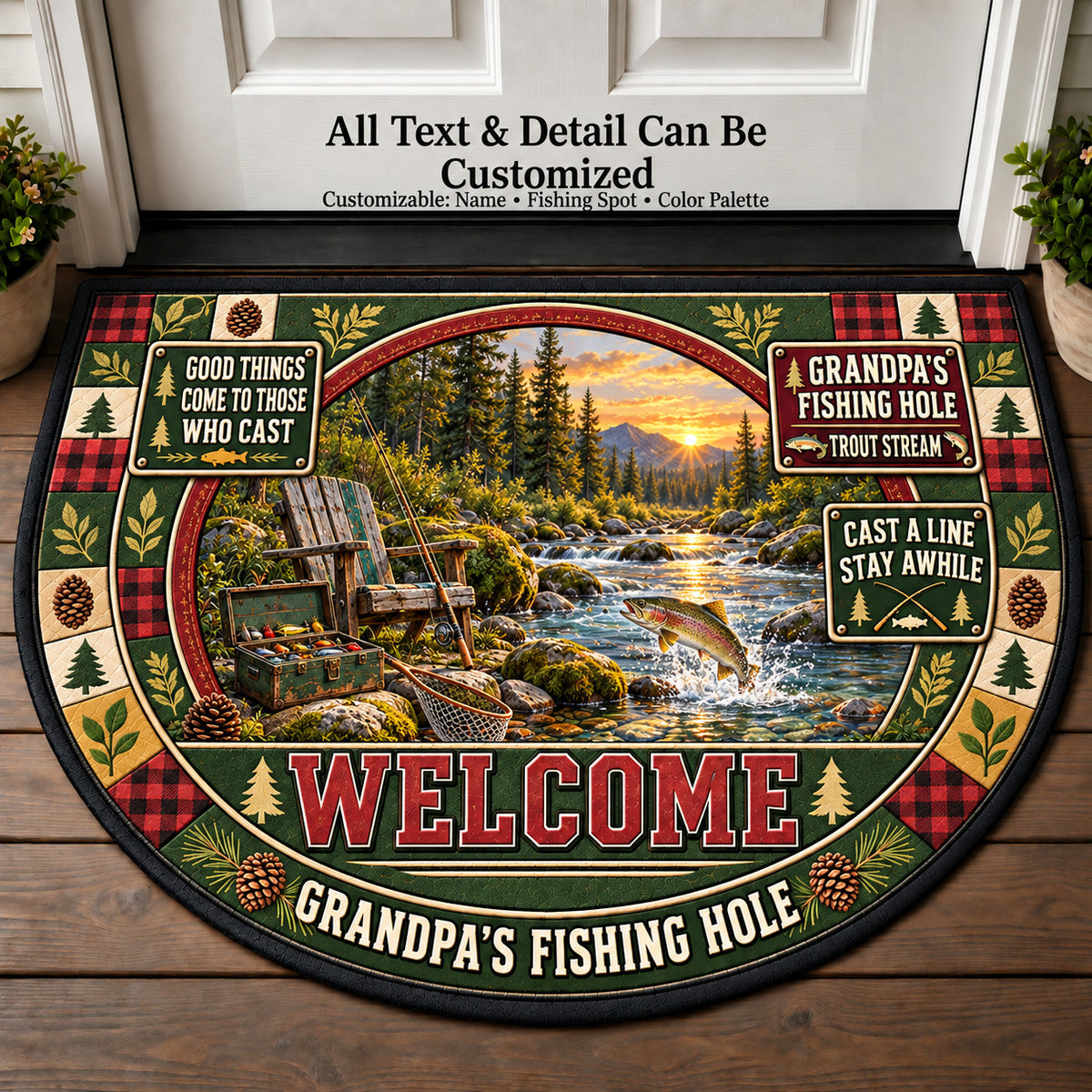 Trout Stream - Grandpa's Fishing Hole Personalized Half Round Mat | 5To9Vibe