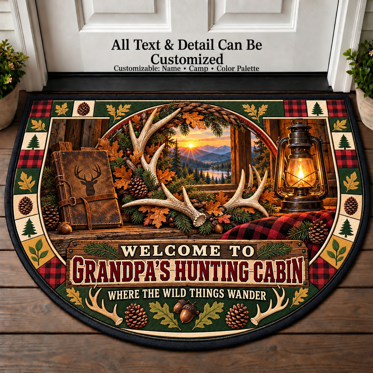 Antler Wreath - Grandpa's Hunting Cabin Personalized Half Round Mat | 5To9Vibe