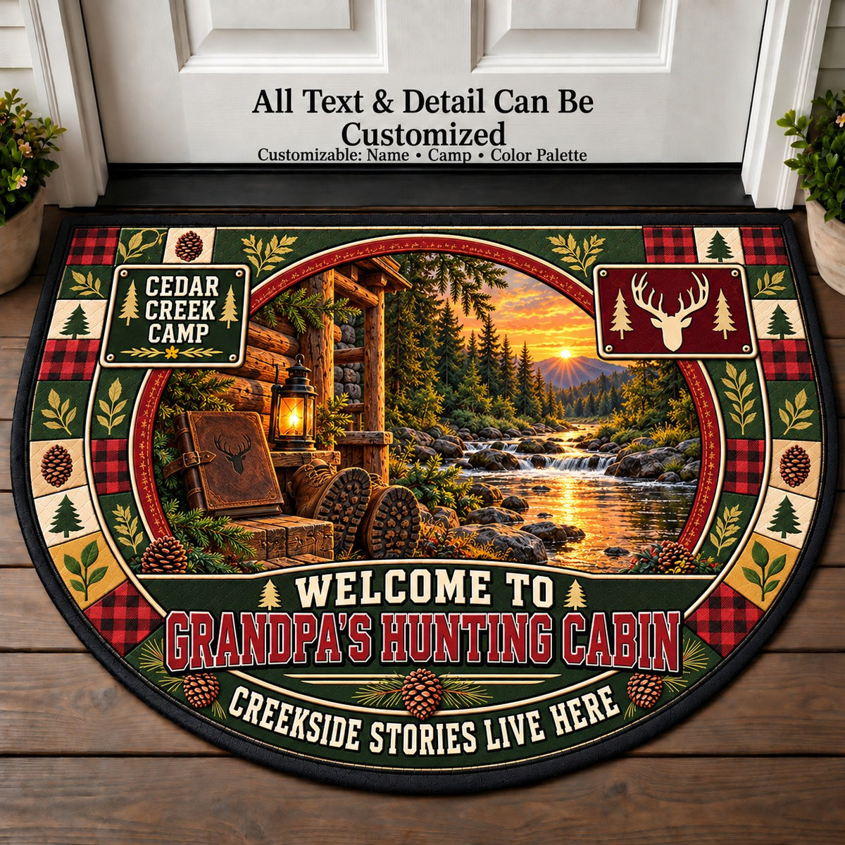 Cedar Creek Camp - Grandpa's Hunting Cabin Personalized Half Round Mat | 5To9Vibe