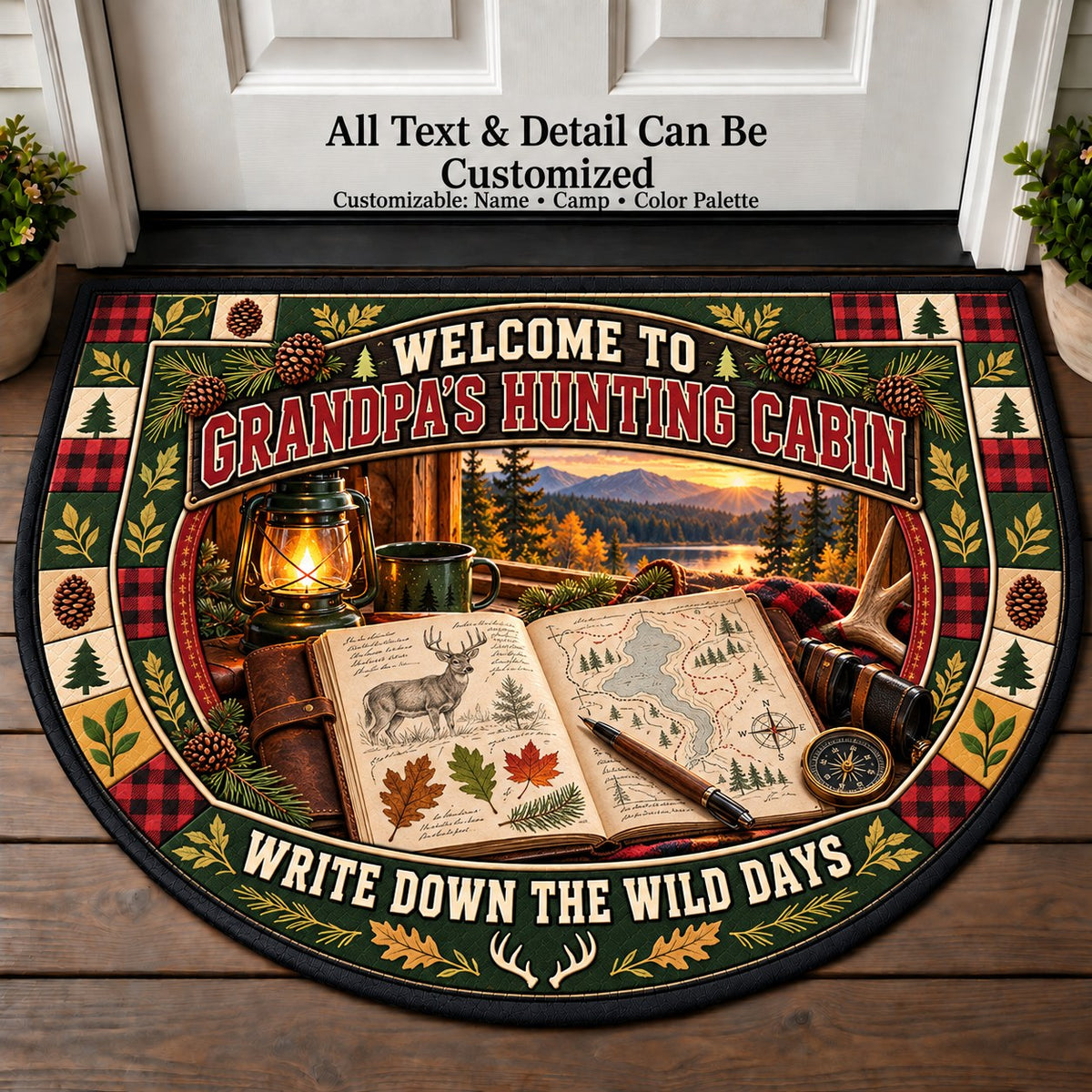 Field Journal Sketch - Grandpa's Hunting Cabin Personalized Half Round Mat | 5To9Vibe