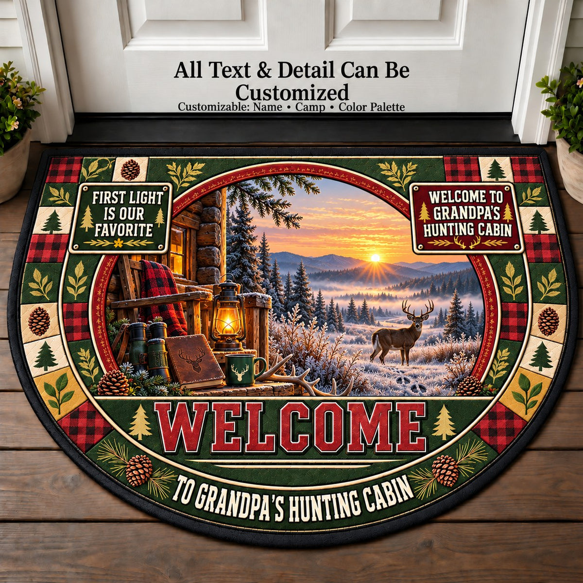 Frosty Dawn Trail - Grandpa's Hunting Cabin Personalized Half Round Mat | 5To9Vibe