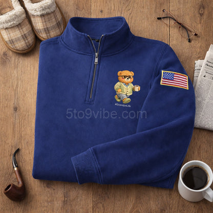 Grandpa Embroidered Quarter Zip Sweatshirt, Funny Grandpa Life Bear Pullover, Men's Casual Zip Up Jacket, Gift for Grandpa Lover Dad