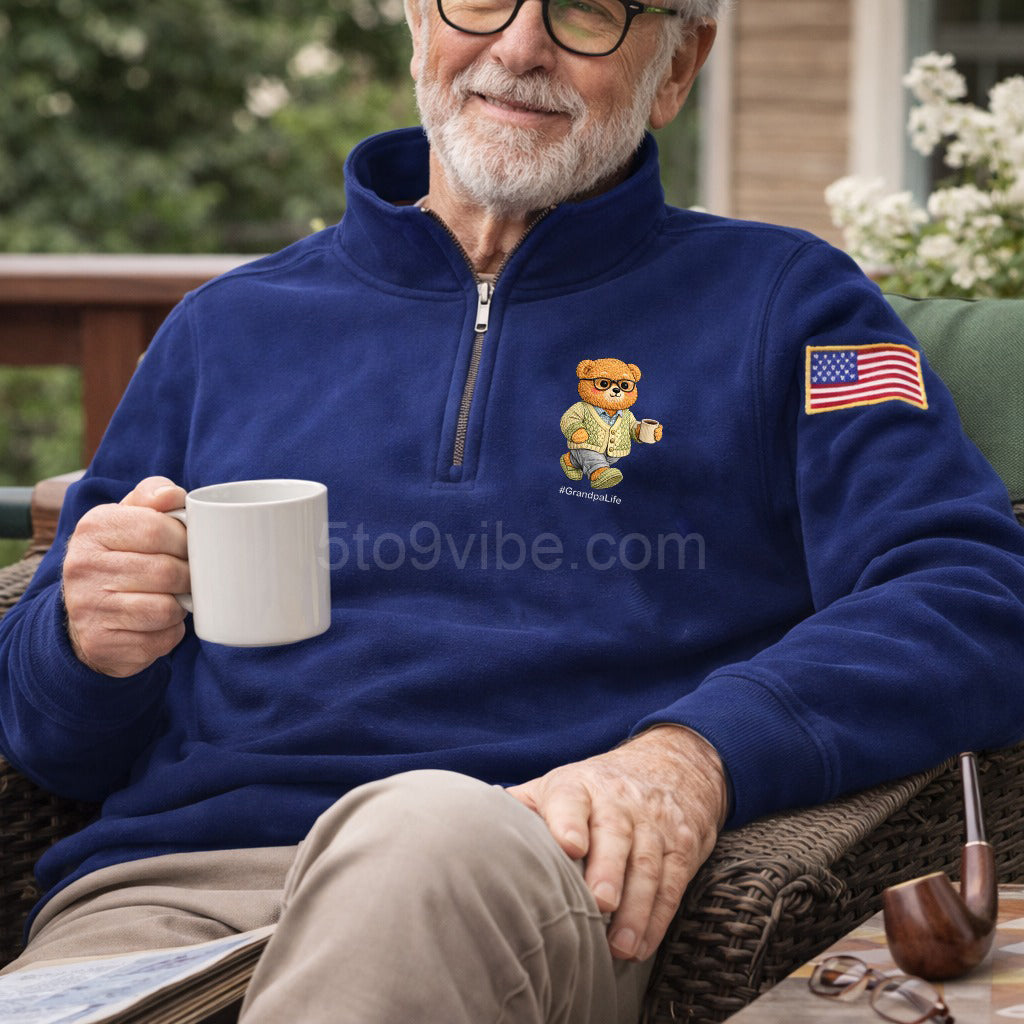 Grandpa Embroidered Quarter Zip Sweatshirt, Funny Grandpa Life Bear Pullover, Men's Casual Zip Up Jacket, Gift for Grandpa Lover Dad
