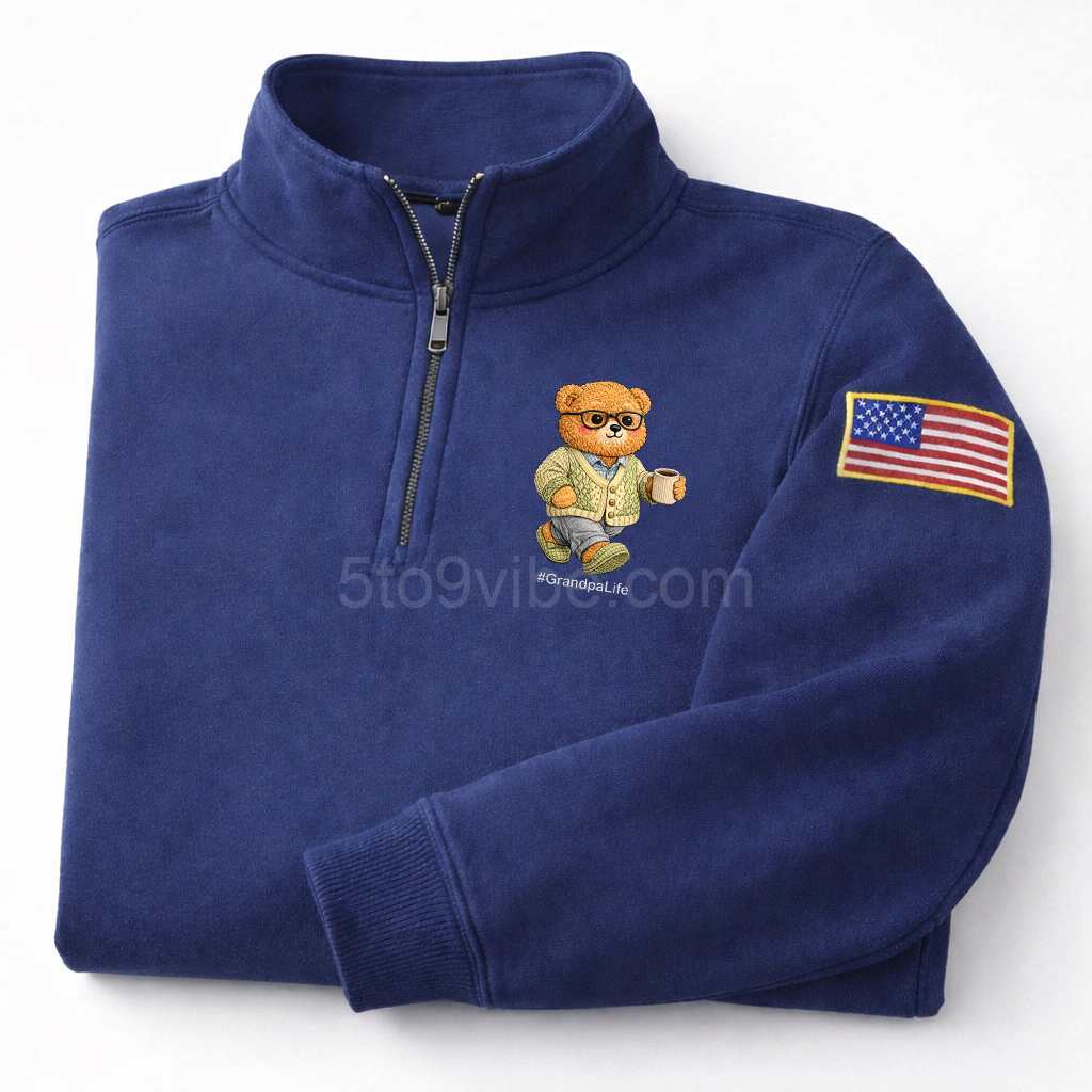 Grandpa Embroidered Quarter Zip Sweatshirt, Funny Grandpa Life Bear Pullover, Men's Casual Zip Up Jacket, Gift for Grandpa Lover Dad
