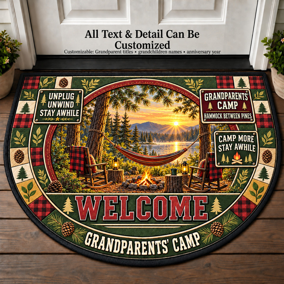 Hammock Between Pines - Grandparents Camp Personalized Half Round Mat | 5To9Vibe