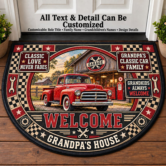Grandpa's Classic Car Family Personalized Half Round Mat | 5To9Vibe