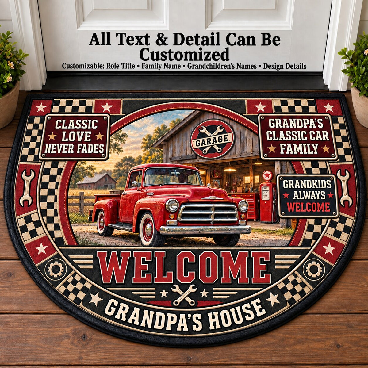 Grandpa's Classic Car Family Personalized Half Round Mat | 5To9Vibe