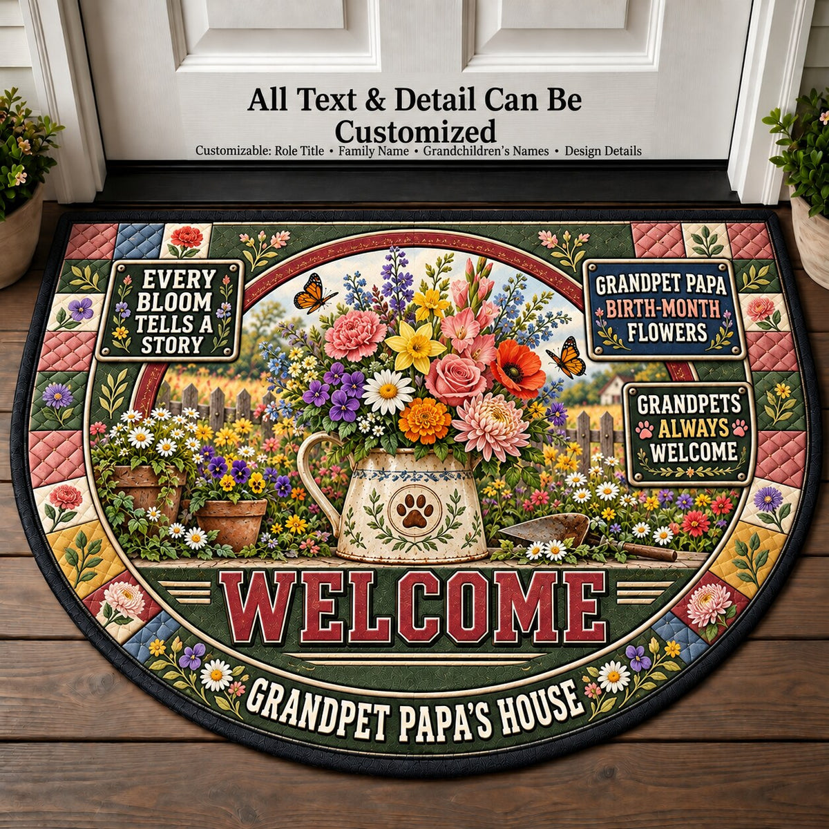 Grandpet Papa's Birth Month Flowers Personalized Half Round Mat | 5To9Vibe