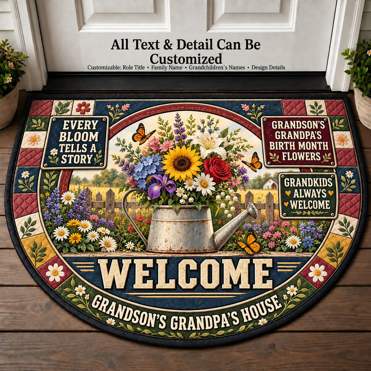 Grandson's Grandpa's Birth Month Flowers Personalized Half Round Mat | 5To9Vibe