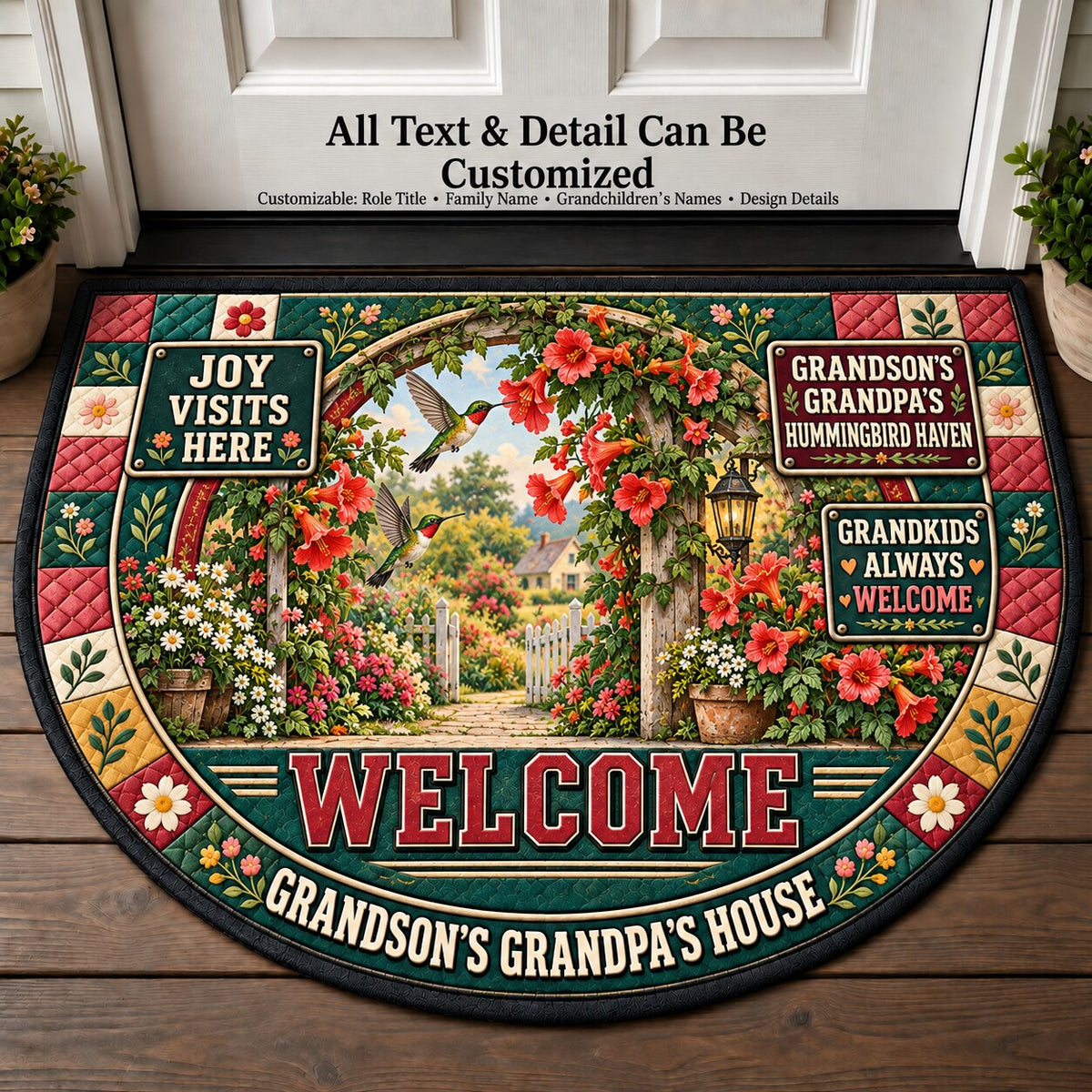 Grandson's Grandpa's Hummingbird Haven Personalized Half Round Mat | 5To9Vibe