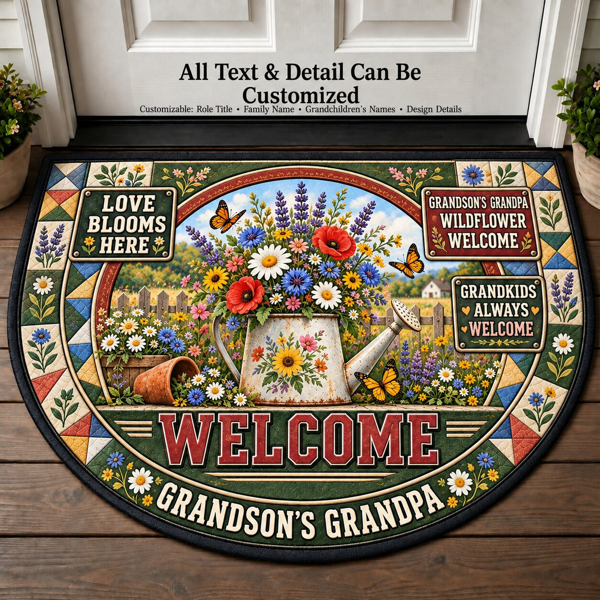 Grandson's Grandpa's Wildflower Welcome Personalized Half Round Mat | 5To9Vibe