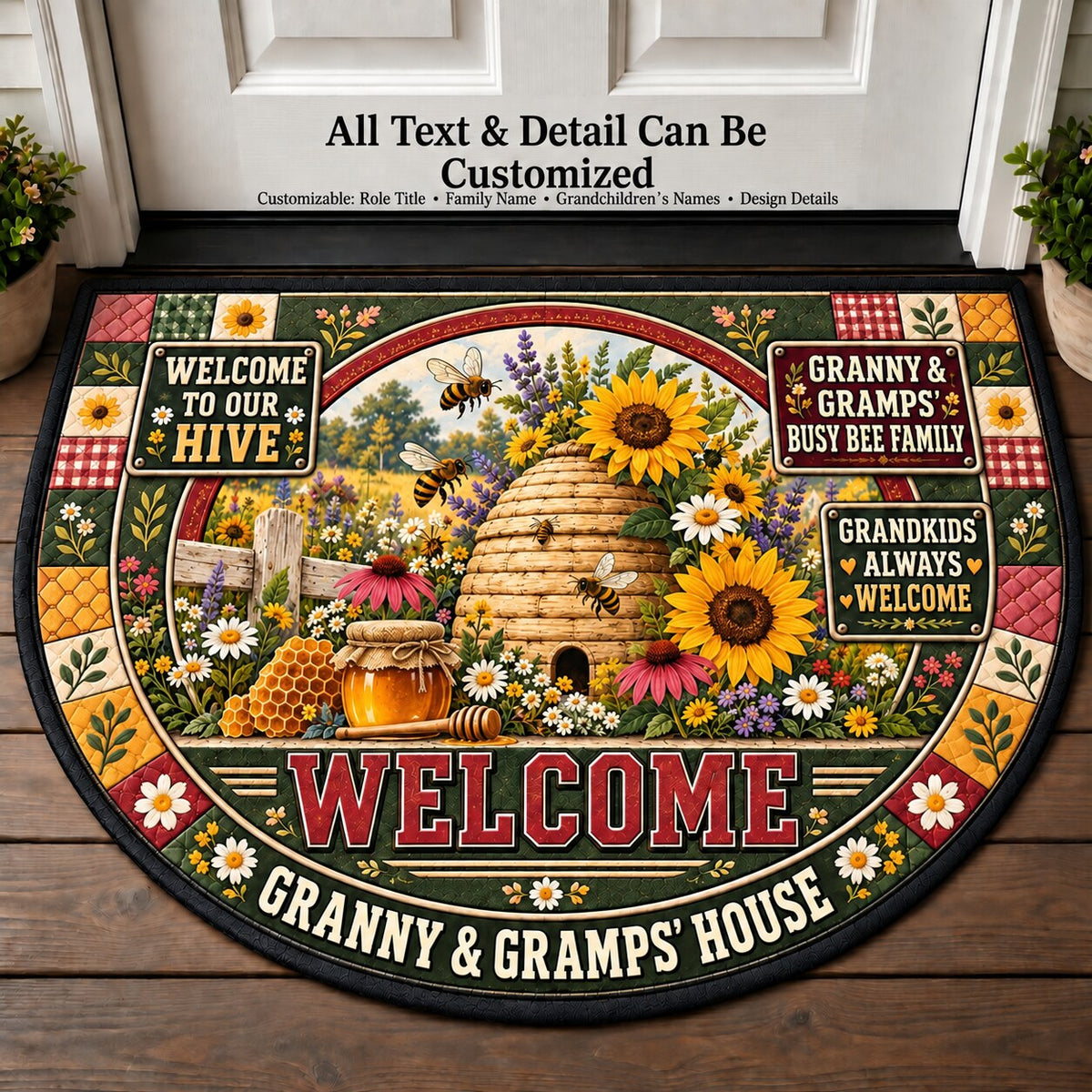 Granny & Gramps' Busy Bee Family Personalized Half Round Mat | 5To9Vibe